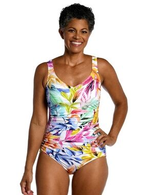 Maxine Of Hollywood Minimizer Tummy Control Girl Leg Side Shirred Swimsuit Sz 16